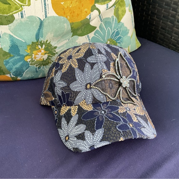 New, Floral& Rhinestone Embellished Cap - Blue and Black - Picture 8 of 9